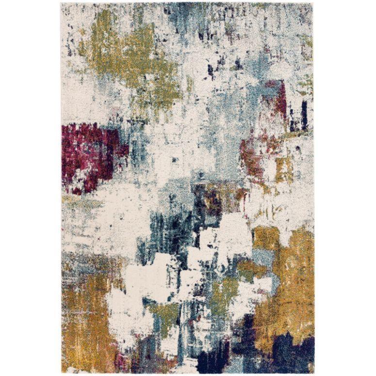 Abstract area rug with multicolored brushstroke pattern in gold, blue, red and white