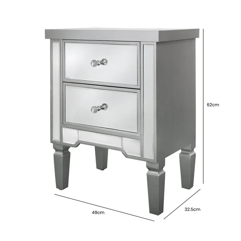 Vista 2 Drawer Silver Wood & Mirror Bedside Cabinet