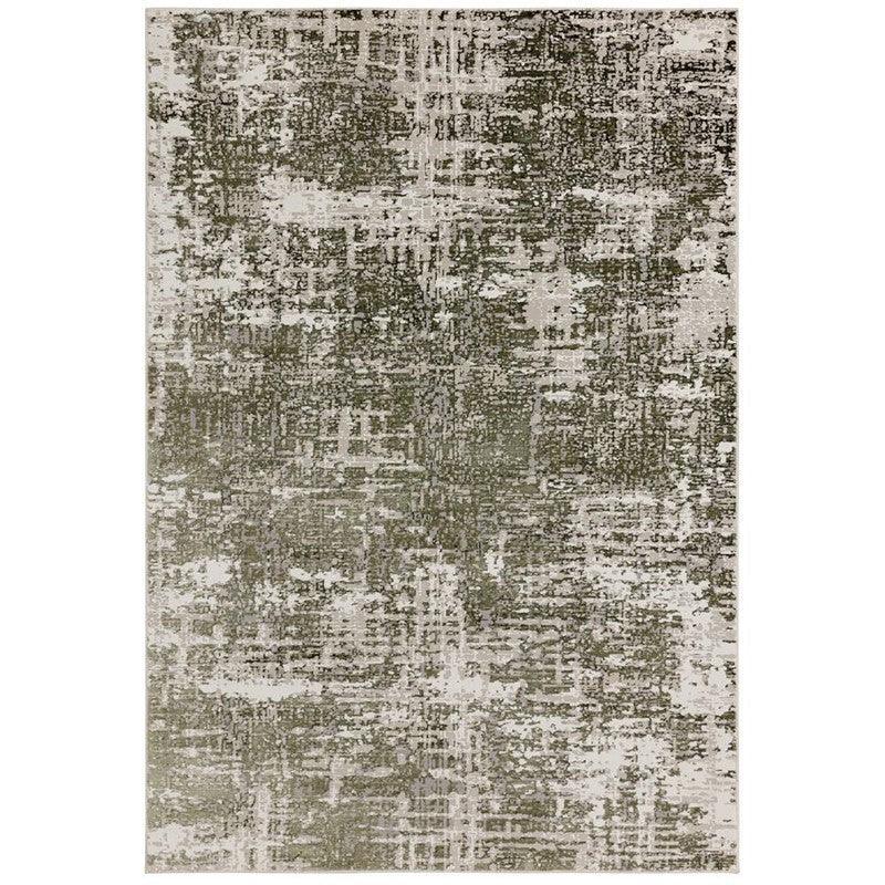 green and cream abstract patterned rug with textured design
