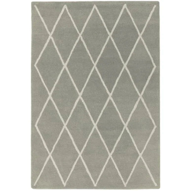 Grey area rug with white diamond lattice pattern, viewed from above
