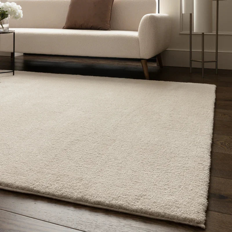 Cream area rug on dark wood floor in modern living room with beige sofa