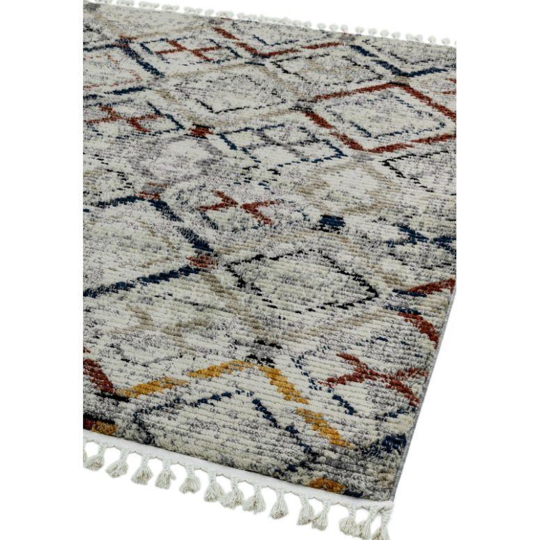 Geometric patterned area rug with tassel fringe in neutral and muted accent colors