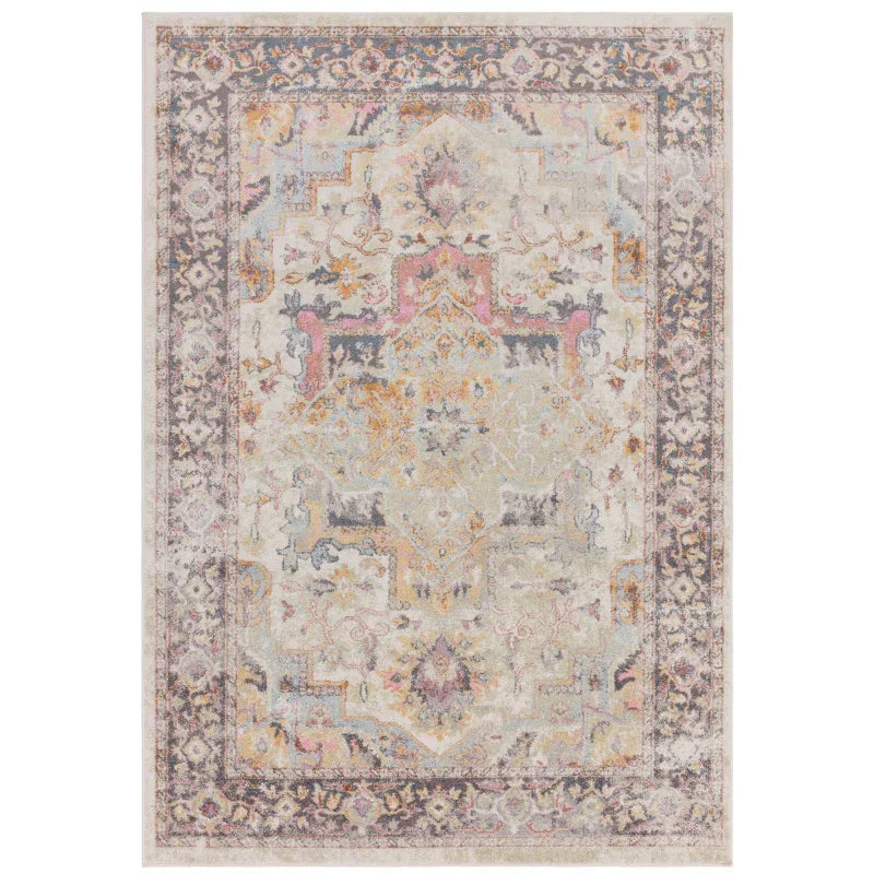 Traditional area rug with multicolour faded pattern and ornate border on cream background