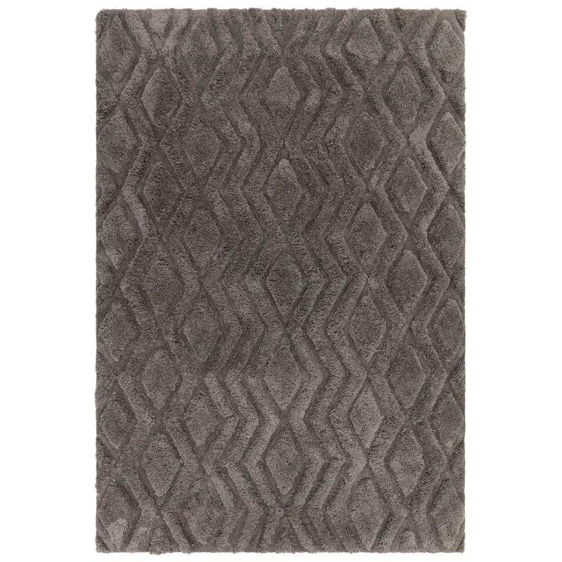 Charcoal shaggy rug with geometric diamond pattern and soft textured surface