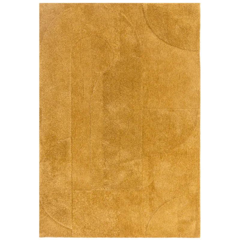 Mustard yellow rug with subtle geometric pattern and soft textured surface