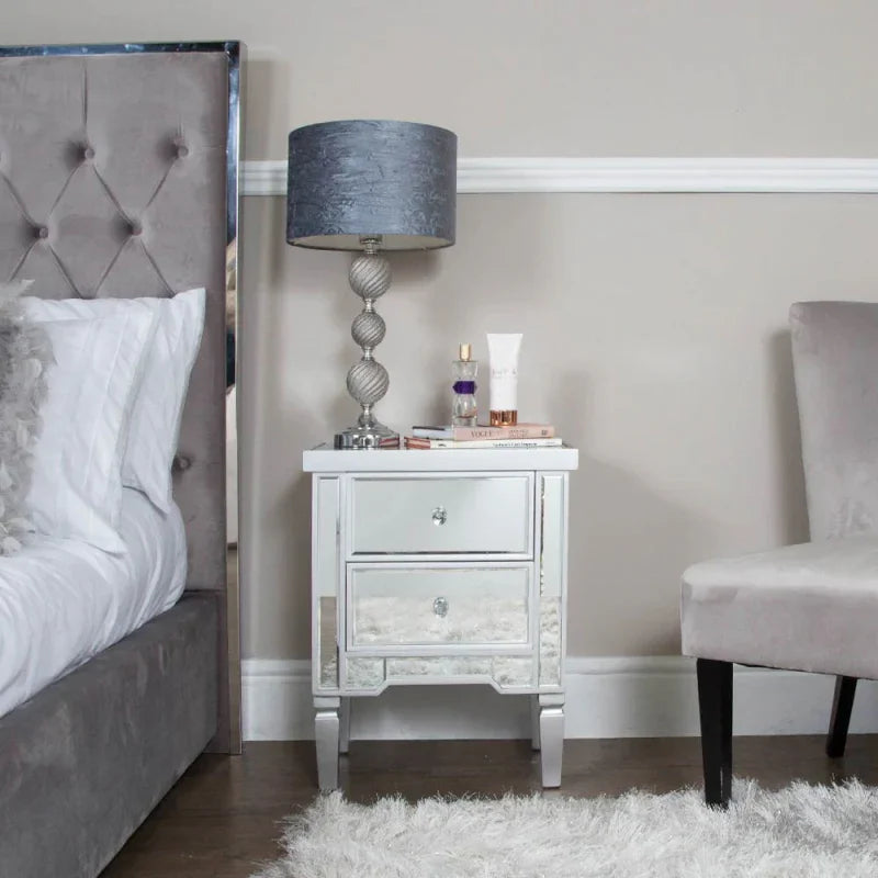 Vista 2 Drawer Silver Wood & Mirror Bedside Cabinet
