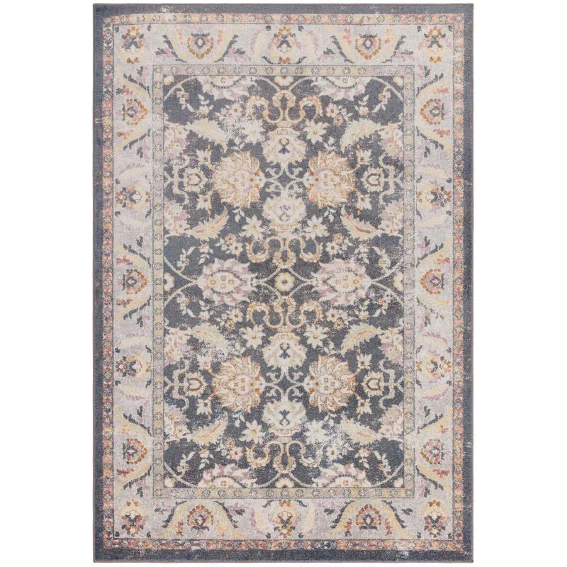Grey floral area rug with detailed border and vintage style pattern