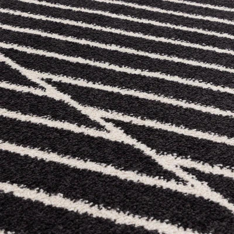 black and white geometric rug with textured zigzag and striped pattern closeup