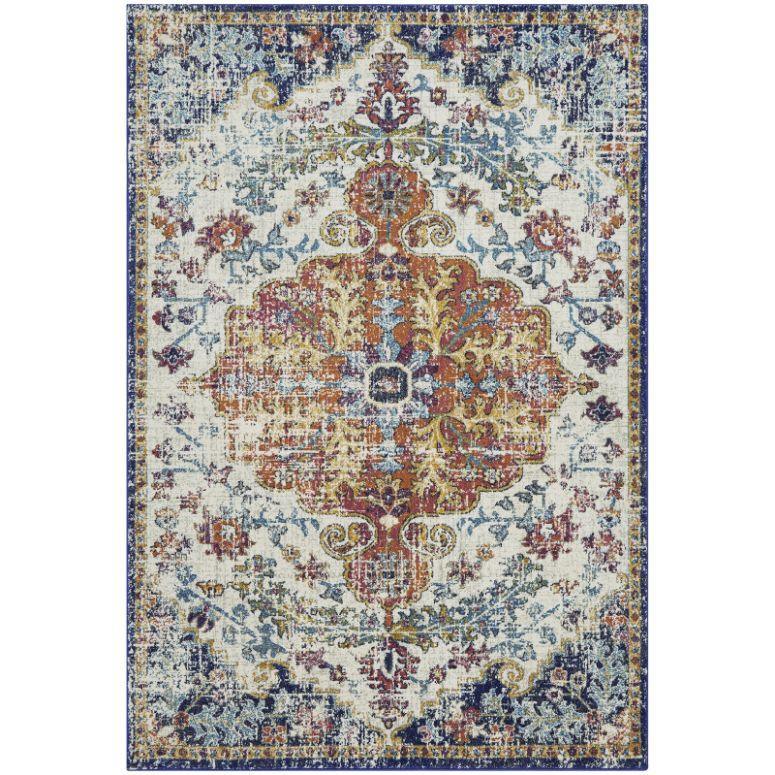 Traditional area rug with ornate floral pattern in blue, gold, and rust tones