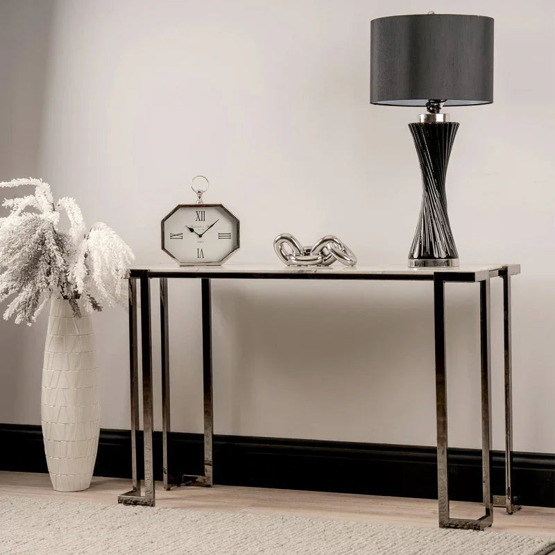 Aamari Grey Gunmetal Console Table with White Faux Marble Glass Top - KD