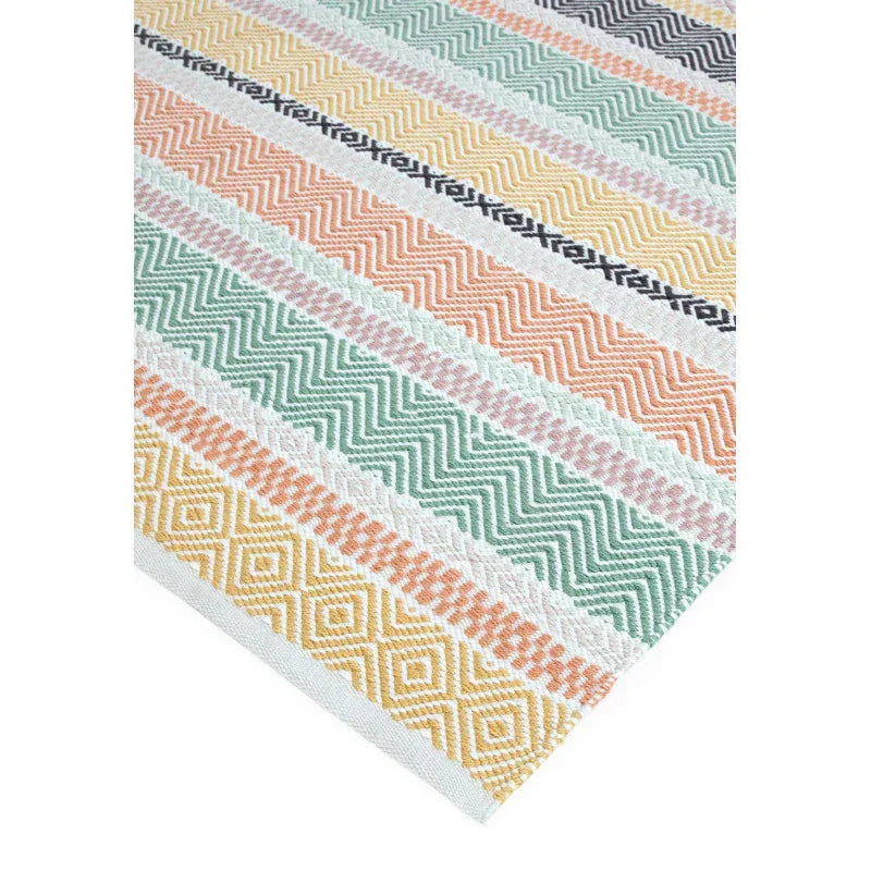 Multicolored patterned rug with geometric stripes in yellow, green, and orange on white background