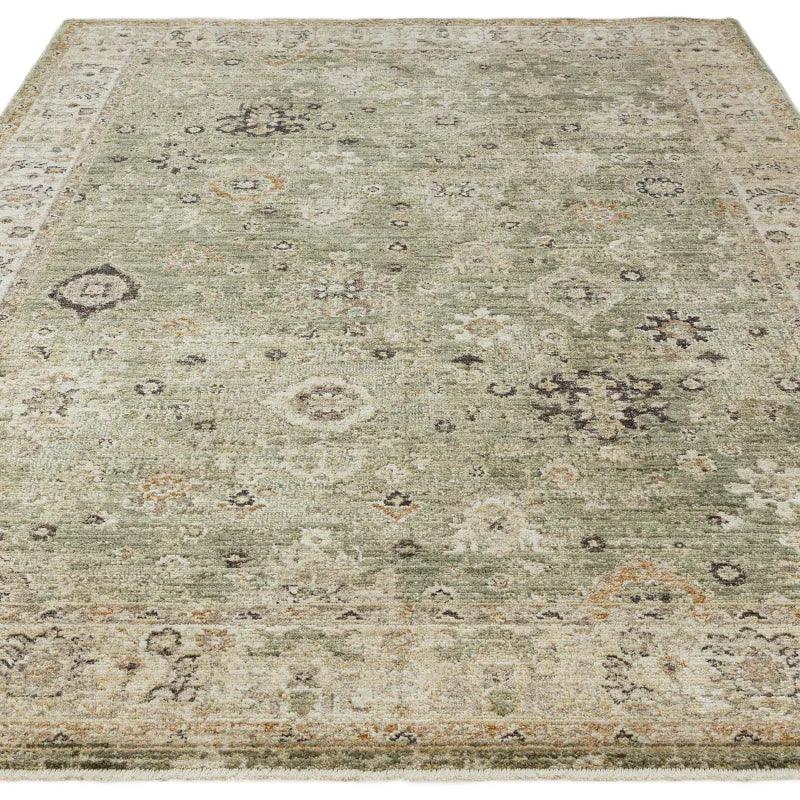 Green patterned area rug with traditional design and muted earth tones