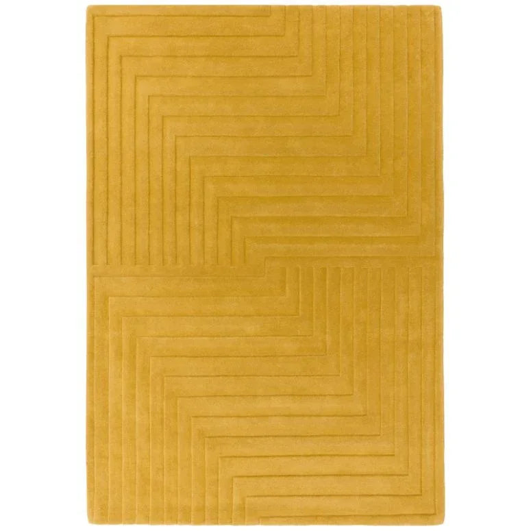 Yellow geometric pattern rug with textured zigzag lines, rectangular shape, top view