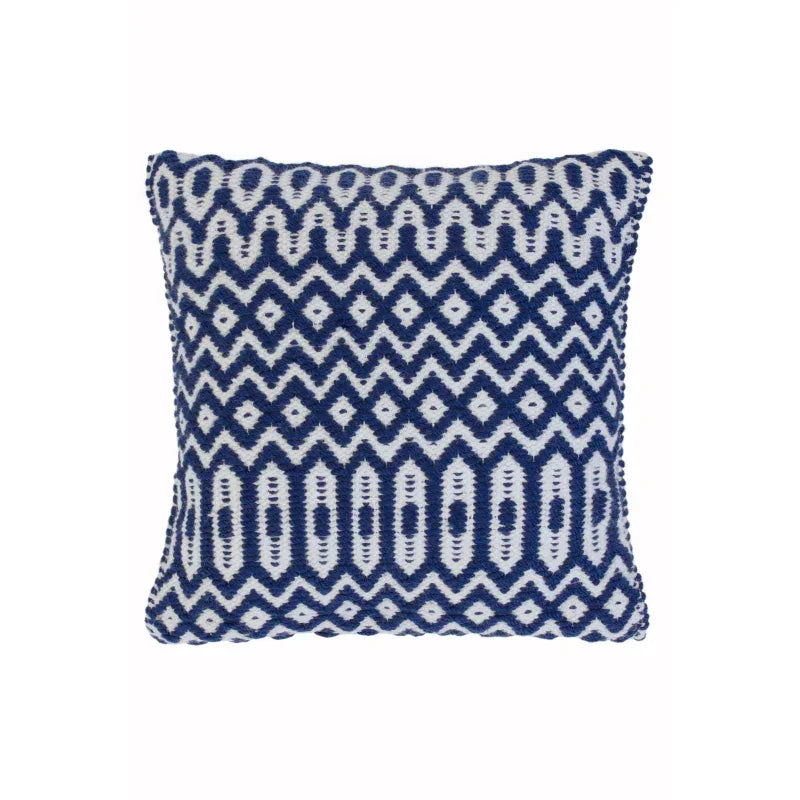 Blue and white geometric patterned cushion with textured woven detail