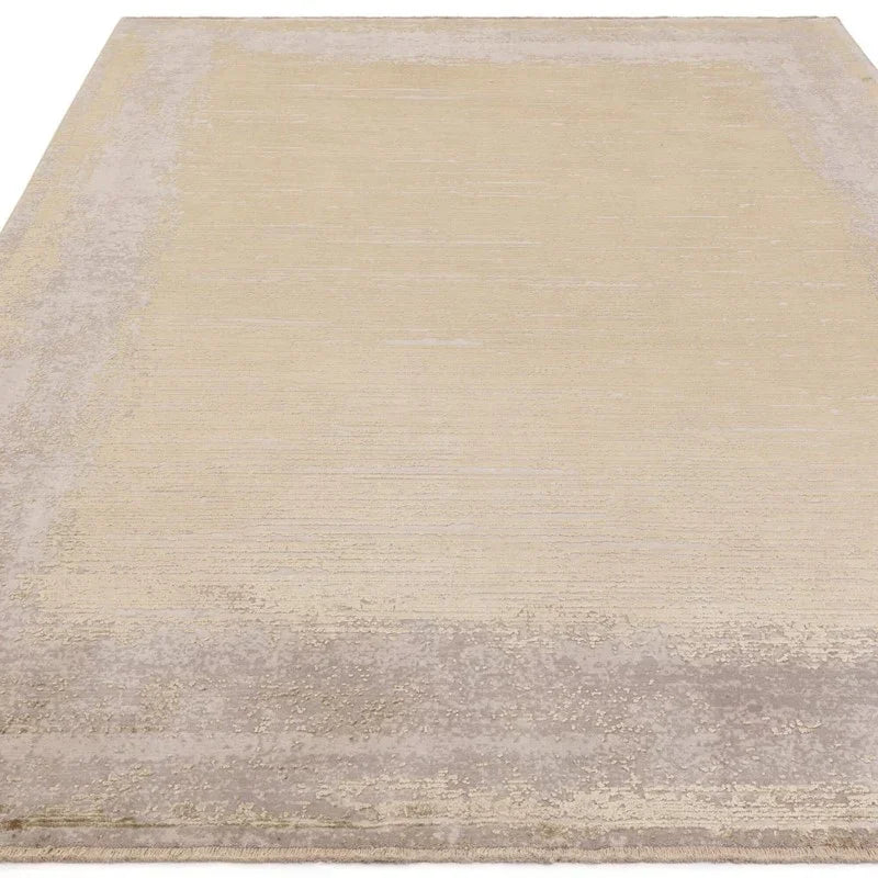 Large beige area rug with subtle textured border, shown from front angle