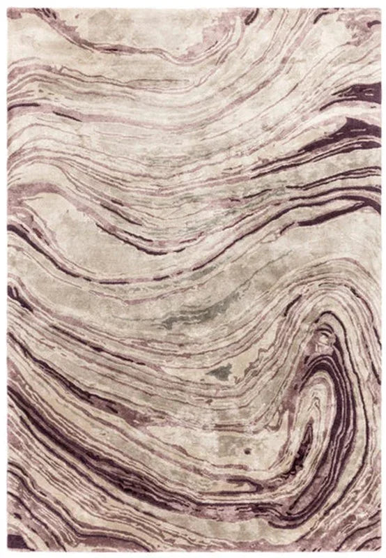 Modern area rug with marbled beige and mauve swirl pattern, rectangular shape
