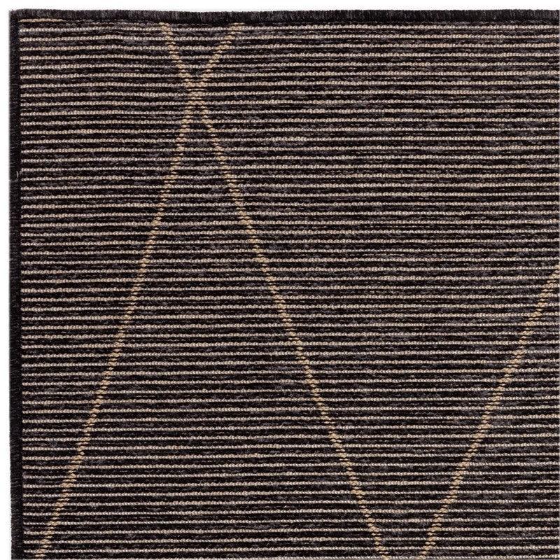 Brown striped area rug with beige line geometric pattern, close top view