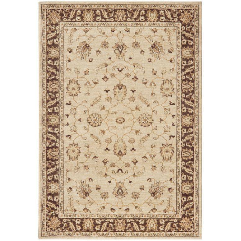 Beige traditional area rug with brown border and floral pattern