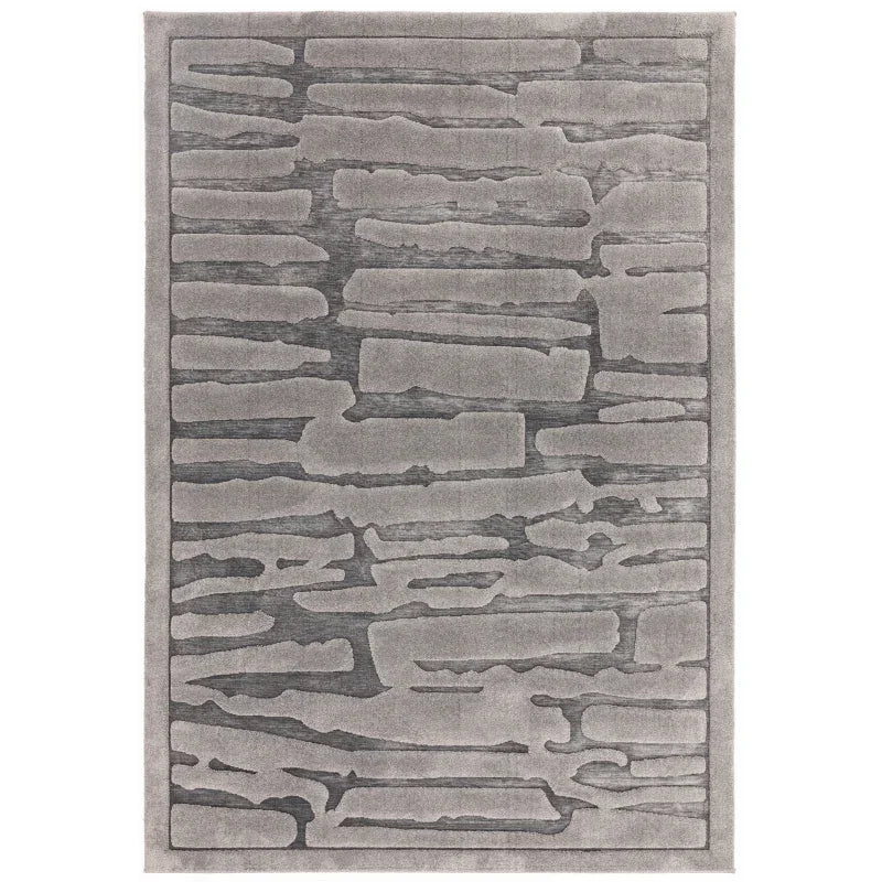 Grey modern area rug with abstract textured pattern and rectangular border