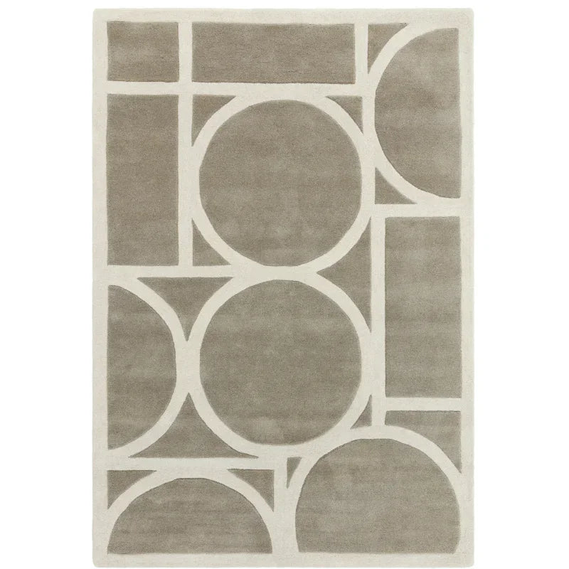 Taupe geometric rug with cream outlined circles and rectangles, modern living room carpet