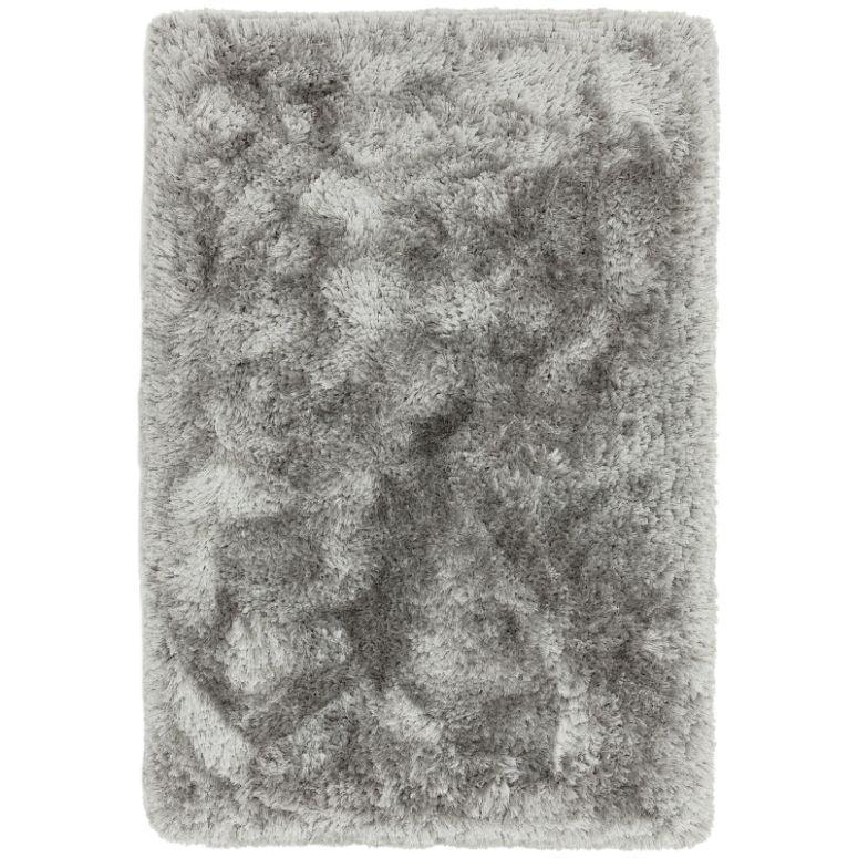 Grey shaggy rug with plush, textured pile shown from top view