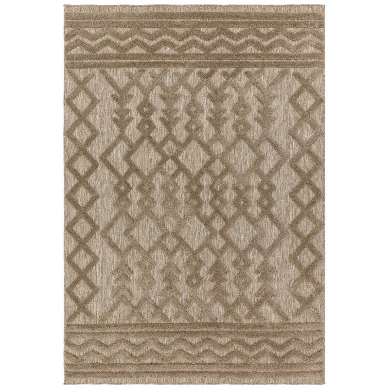 Beige geometric patterned rug with textured zigzag and diamond shapes