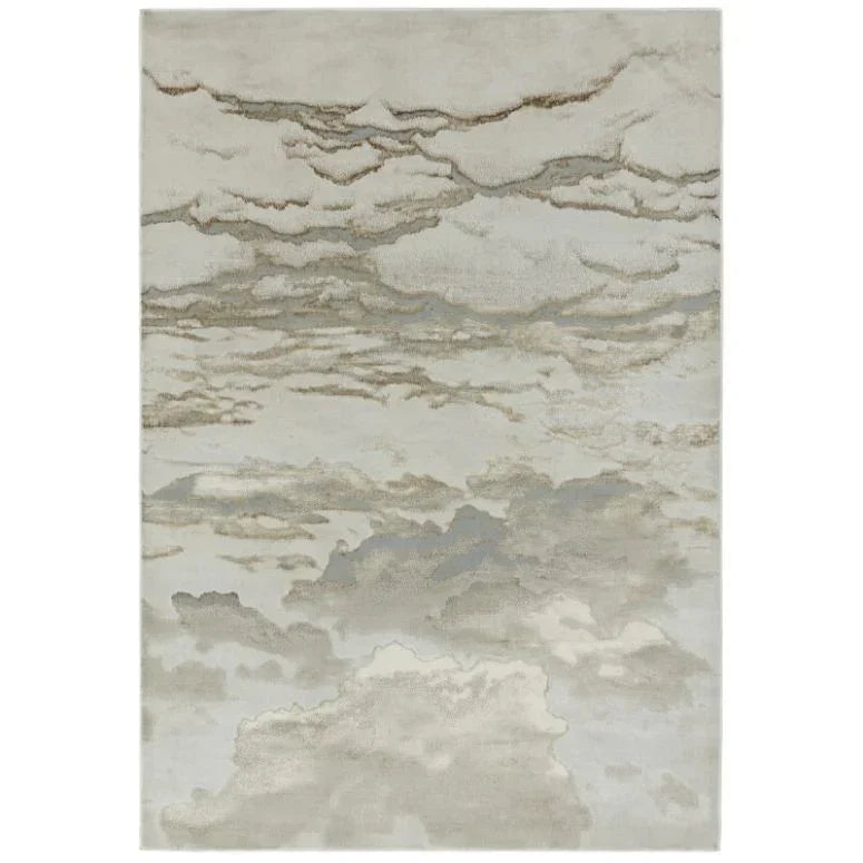 Modern area rug with cloud pattern in beige and grey tones, rectangular shape