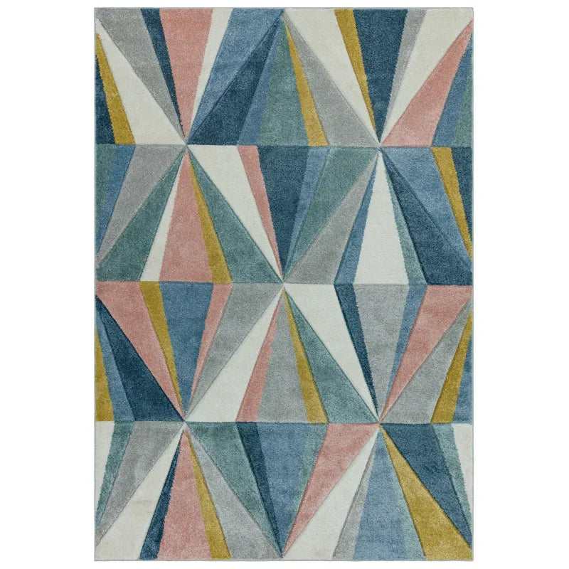 Geometric area rug with pastel blue, pink, yellow, and grey triangular patterns