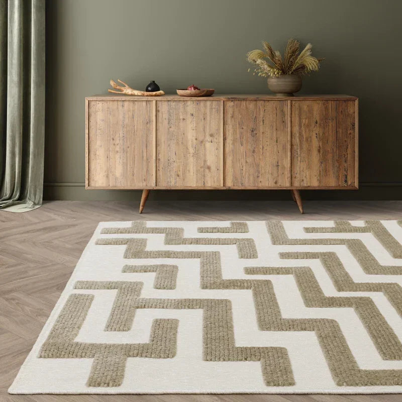 Modern oak sideboard with textured geometric rug in living room