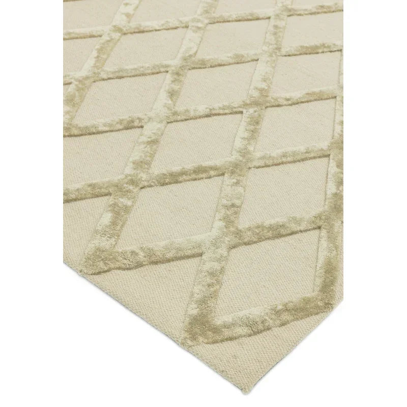 Beige rug with textured diamond pattern and soft pile, corner view