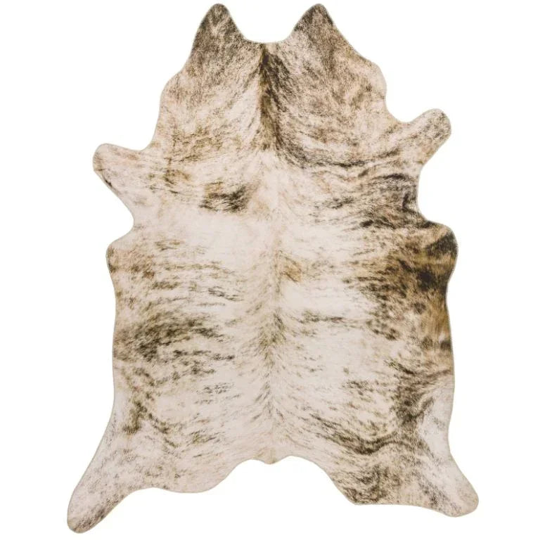 Brown and cream faux cowhide rug with natural pattern, top view