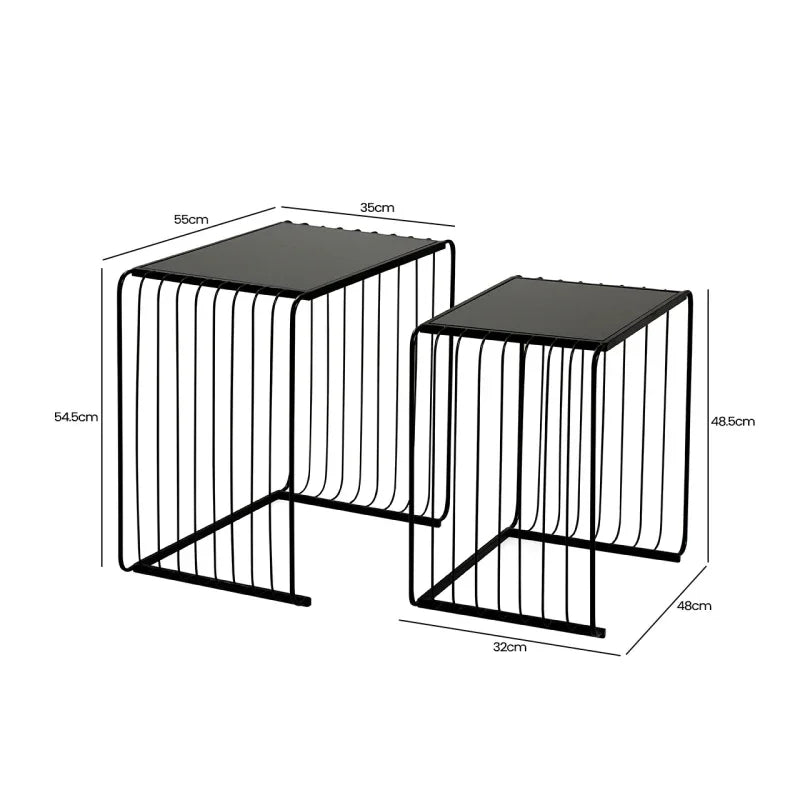 Set of 2 Black Metal with Black Glass Top Nesting Table