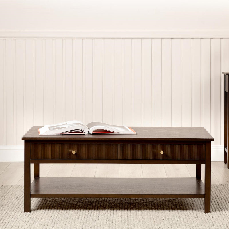 Lindon 2 Drawer Coffee Table Walnut Brown with Gold Handles