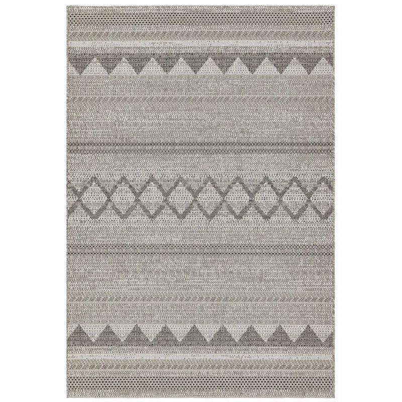 Grey patterned rug with geometric lines and triangles, rectangular shape, flat weave texture