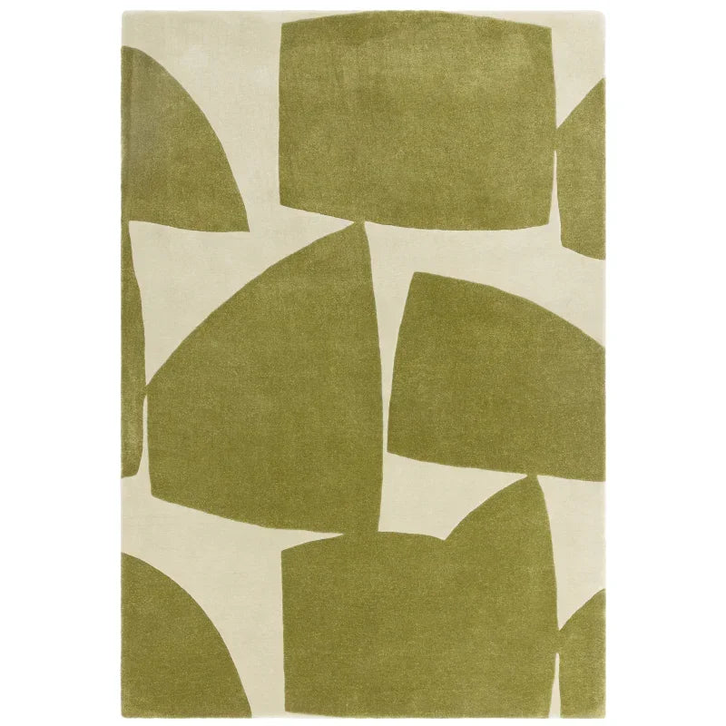 Green and cream abstract area rug with geometric pattern