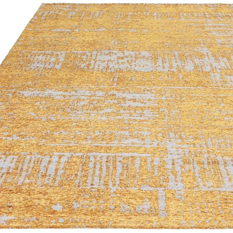Yellow and grey abstract area rug with textured pattern and soft surface