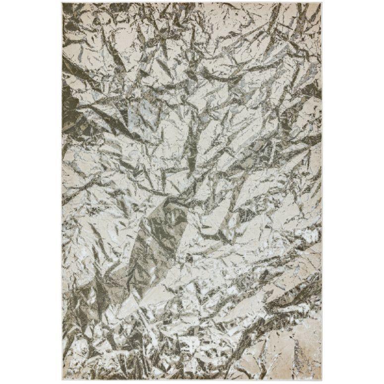 Beige and silver abstract rug with crinkled foil pattern, shown from overhead angle