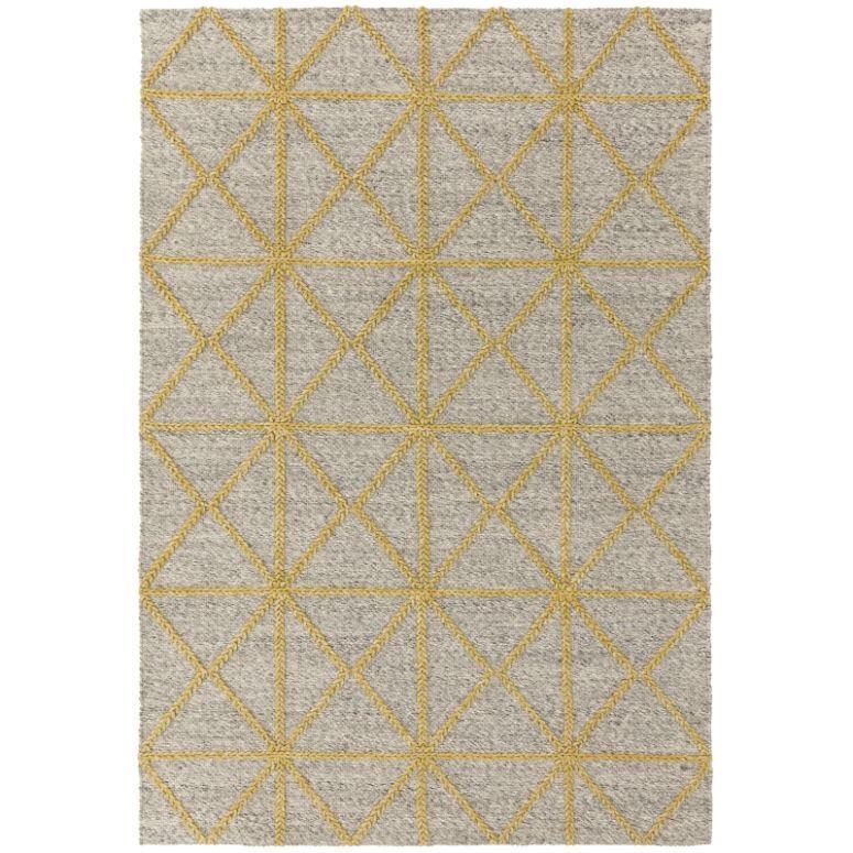 Grey area rug with yellow geometric diamond pattern, rectangular shape, textured surface
