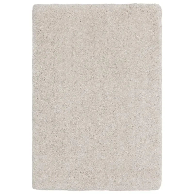 Rectangular cream shaggy rug with soft plush texture, top view