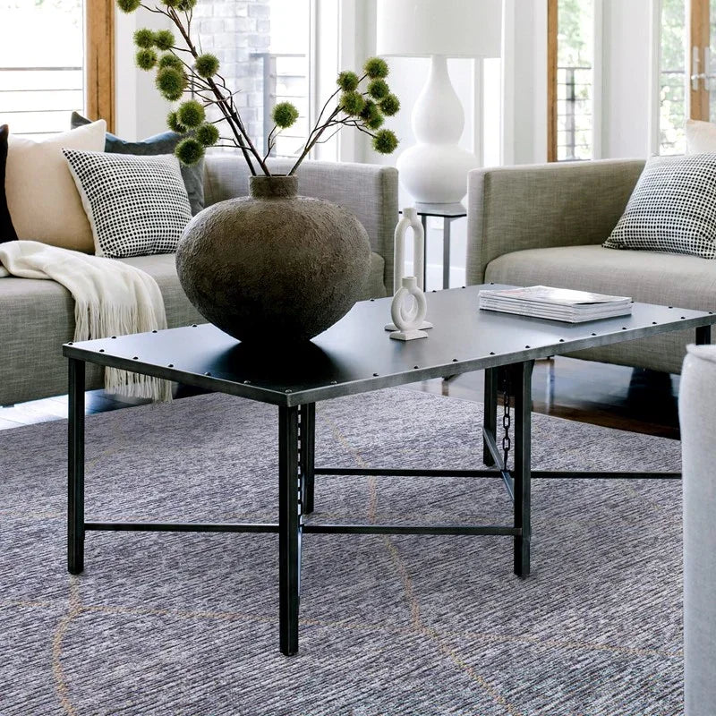 Rectangular metal coffee table with decorative vase in modern living room setting