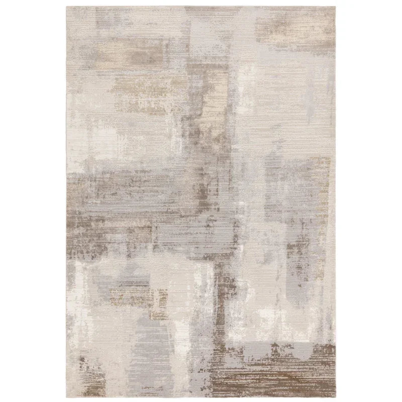 Neutral abstract area rug with beige, grey and tan pattern, rectangular shape