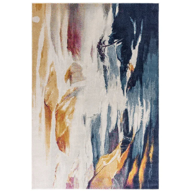 Abstract area rug with blue, yellow, and cream pattern, rectangular shape, top view