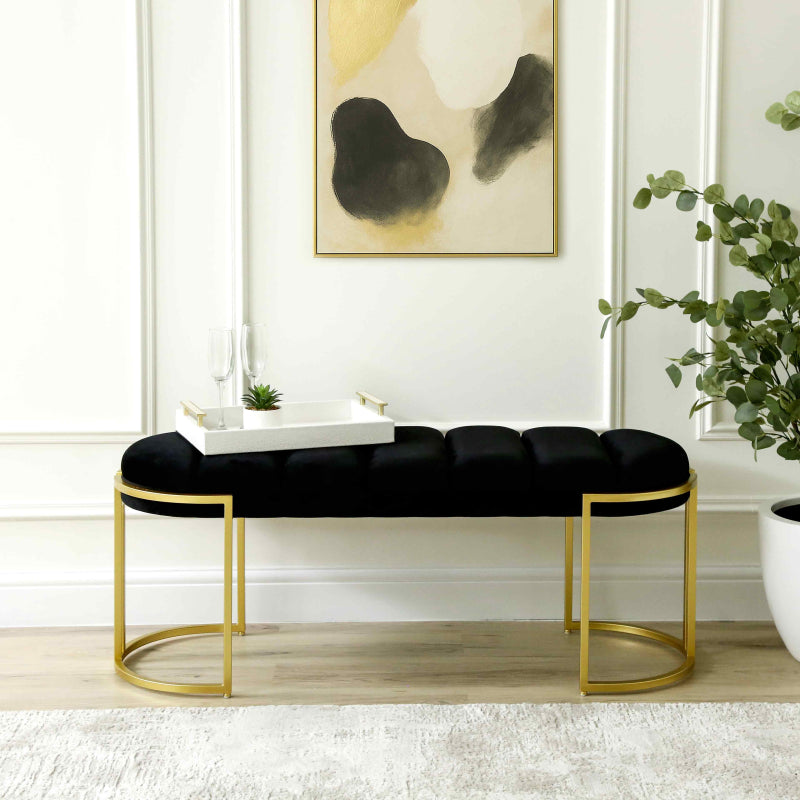120cm Black Velvet Tufted Bench with Gold Legs
