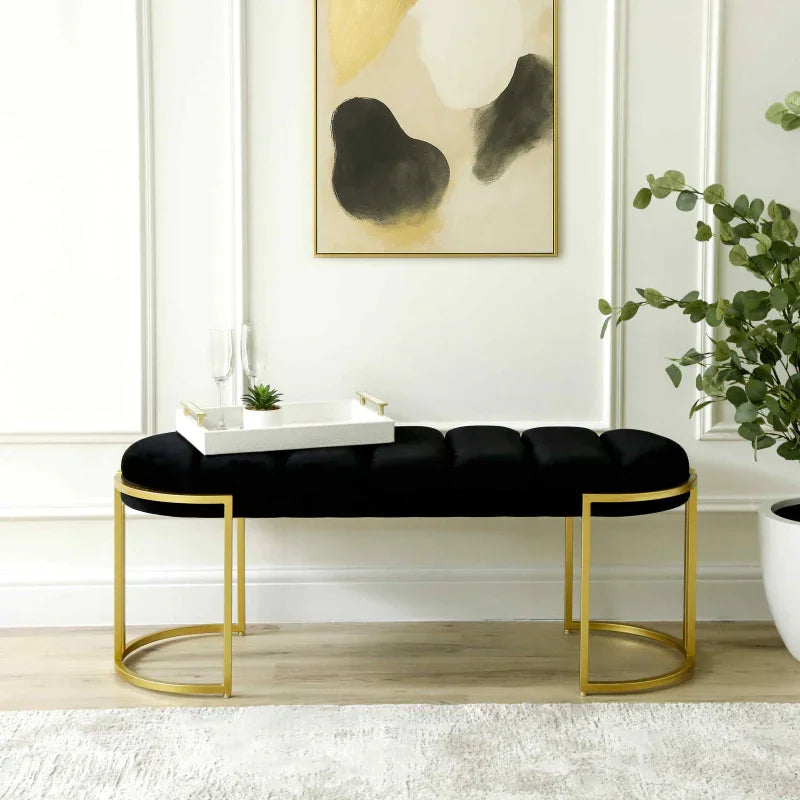 120cm Black Velvet Tufted Bench with Gold Legs