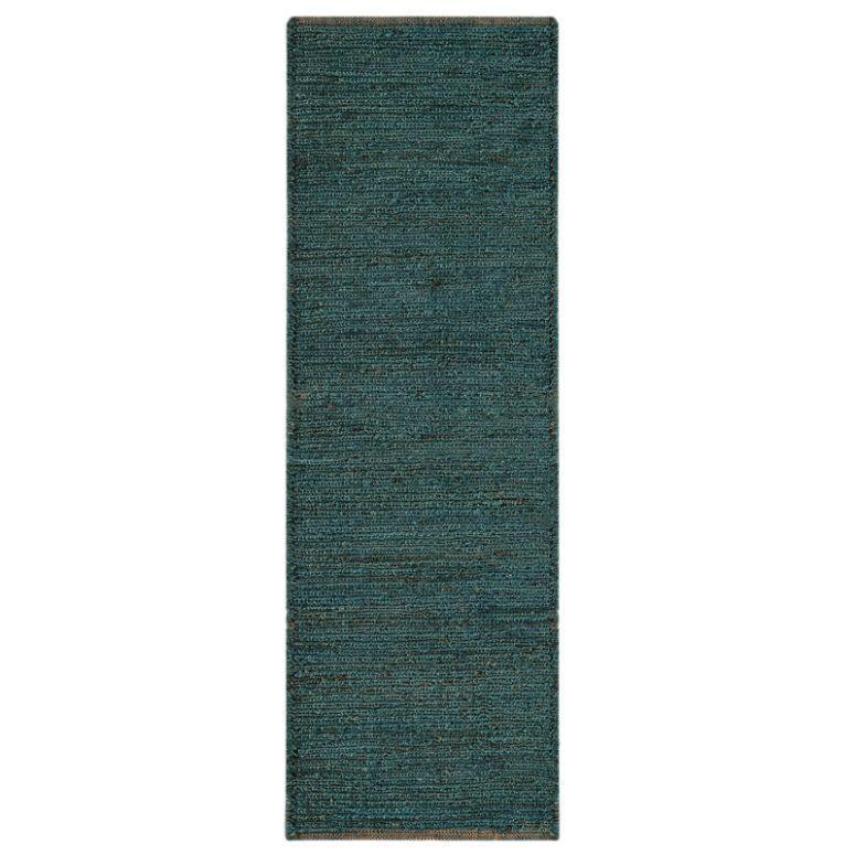 Teal runner rug with a textured woven pattern and rectangular shape