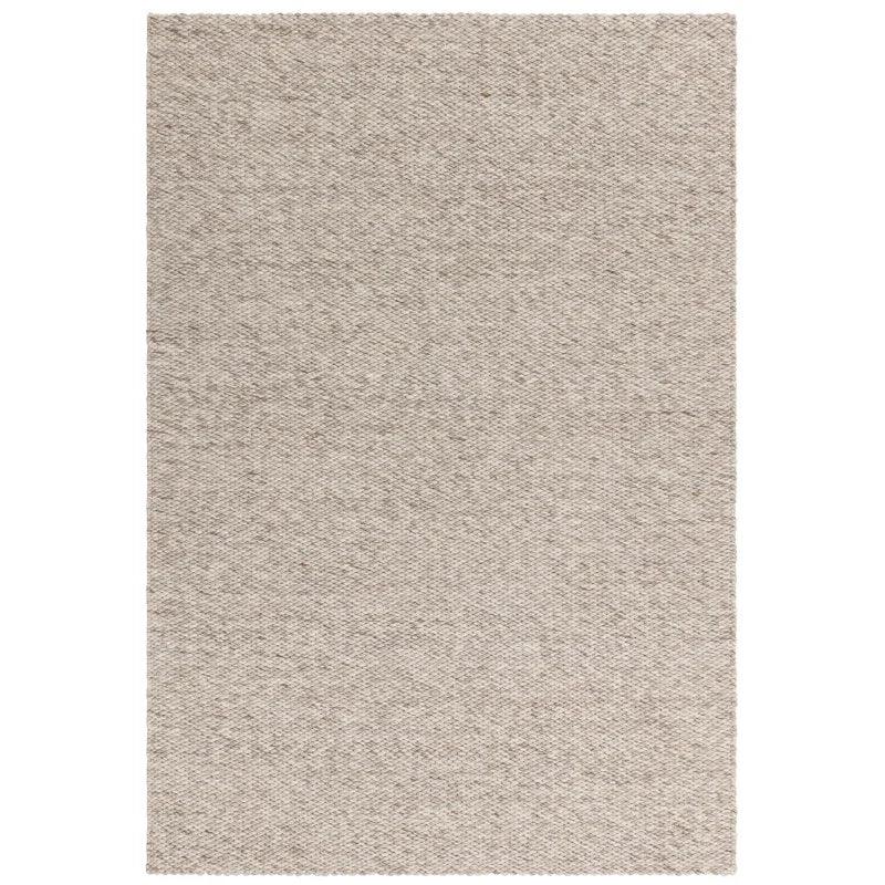 Rectangular beige woven rug with subtle texture shown from overhead angle
