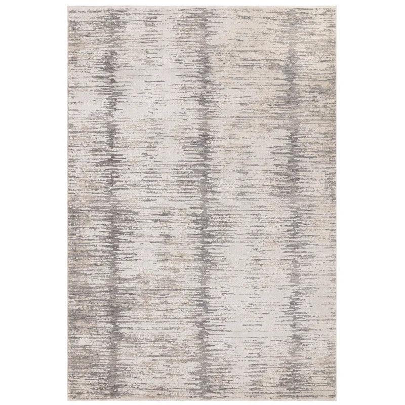 Beige and grey abstract area rug with textured linear pattern, rectangular shape