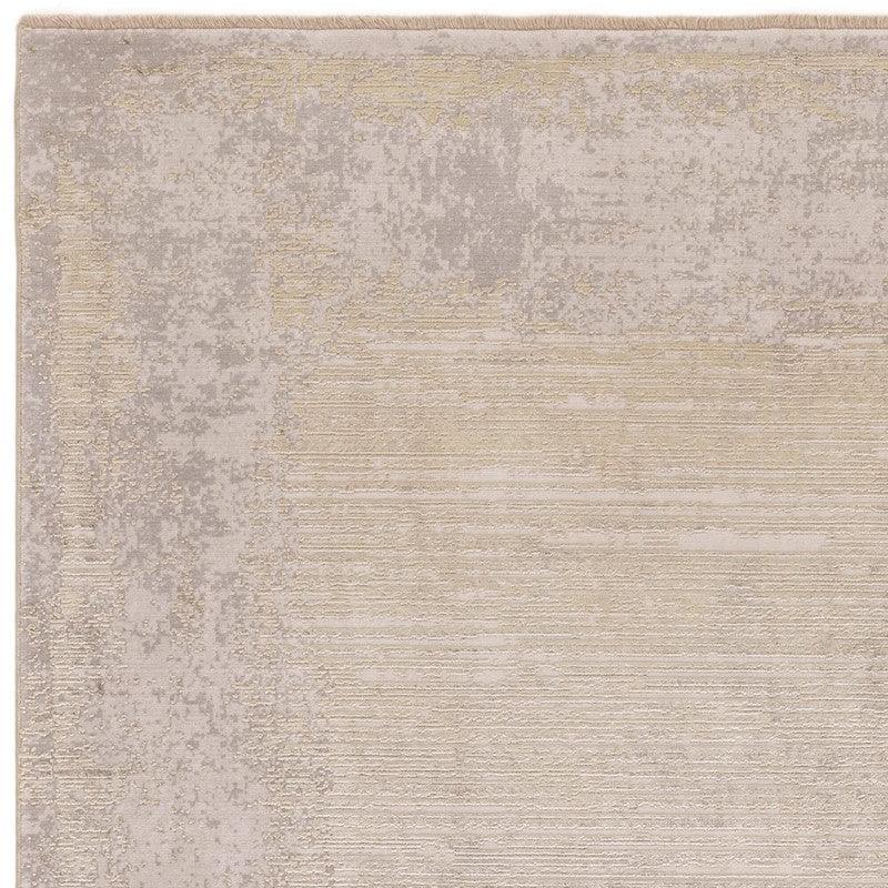 Beige and grey area rug with subtle distressed texture, close-up of corner view