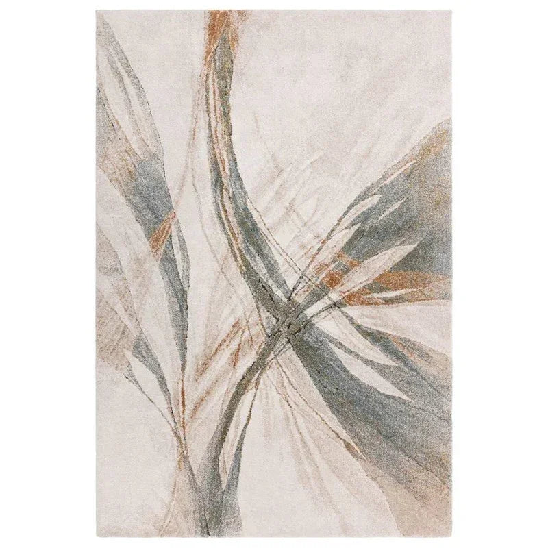 Contemporary area rug with abstract beige, grey and rust brushstroke pattern