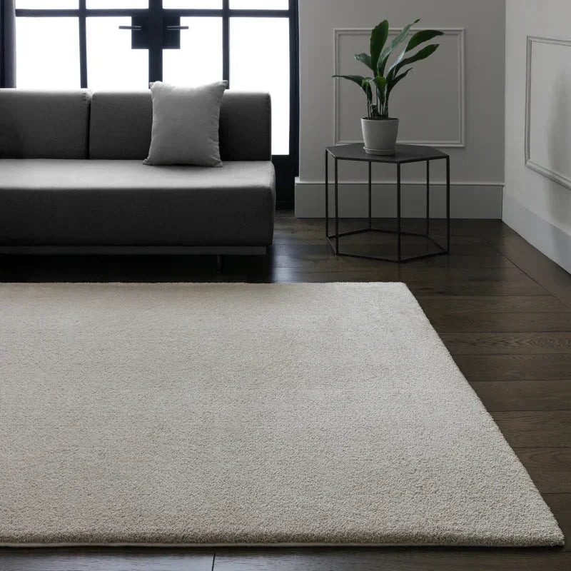 Cream shaggy rug in modern living room with dark sofa and wooden floor